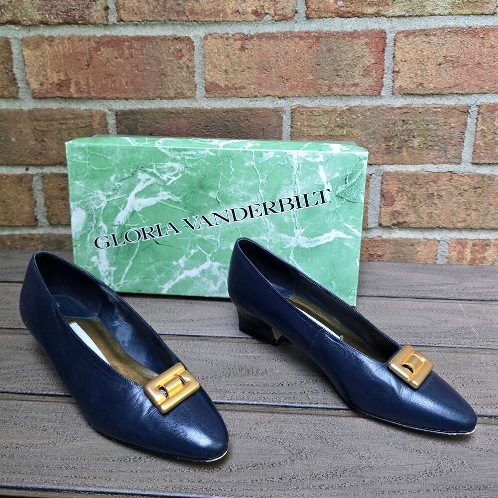 Navy Blue Pumps Gloria Vanderbilt Parlor Vintage Leather Heels Gold Buckle